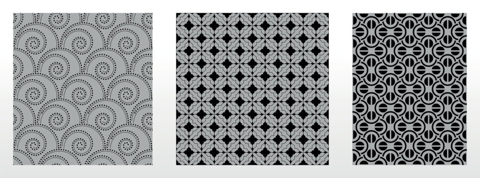 Geometric set of seamless black and gray patterns. Simple vector graphics