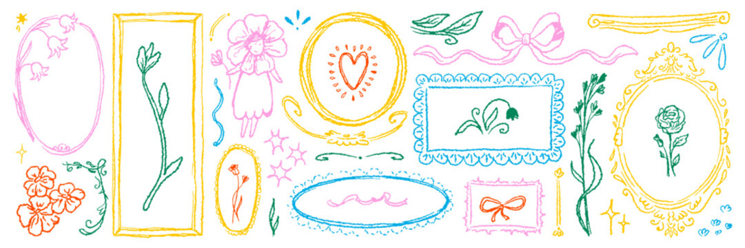 Hand drawn doodle asset pack. Charcoal crayon scribble shape and elements. Kid drawing naive vector collection