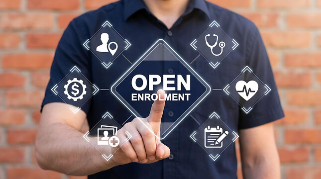 Businessman touching open enrolment interface on a digital screen concept