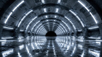Naklejka premium Futuristic Dark Concrete Tunnel with Glowing Neon Lights and Wet Floor