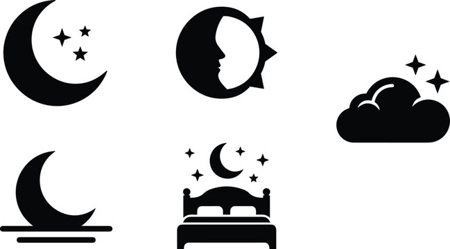 Night time and bedtime black vector icon set with crescent moon stars cloud sleep bed and moon face astronomy symbols