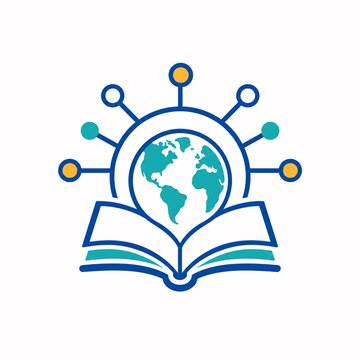 Global education and knowledge sharing vector graphic icon design with globe icon digital learning information technology online library world map
