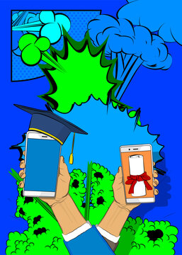 Cartoon Graduation Cap and Rolled Up Diploma, comic book education. Retro vector comics pop art design.