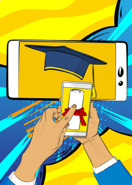 Cartoon Graduation Cap and Rolled Up Diploma, comic book education. Retro vector comics pop art design.