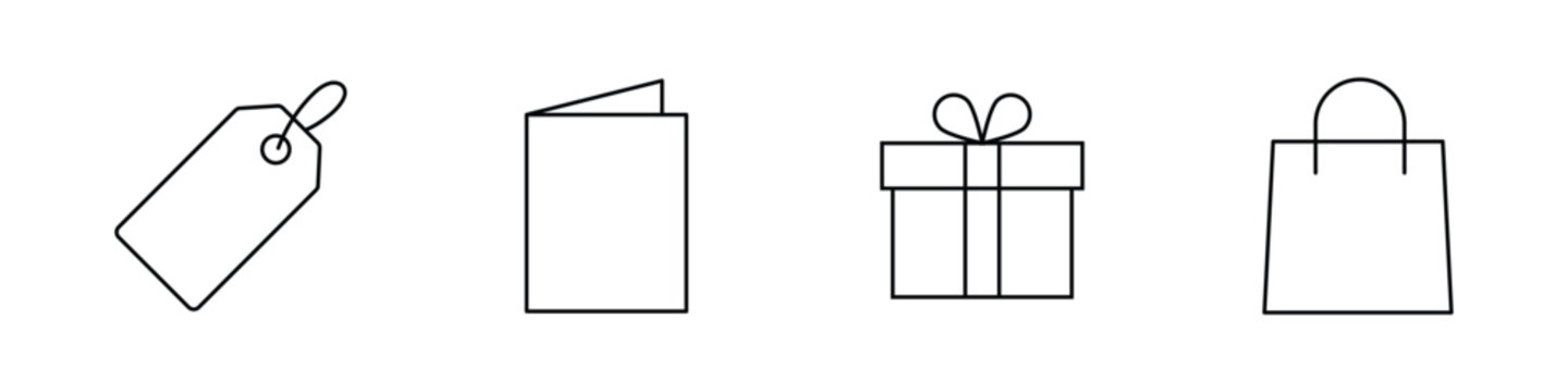 Set of thin line icons for shopping, gift tag, greeting card, present box and paper bag