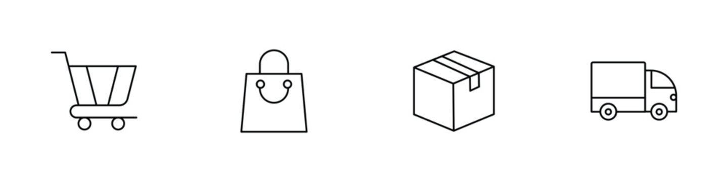 Set of thin line icons for shopping and delivery, including cart, bag, box, and truck