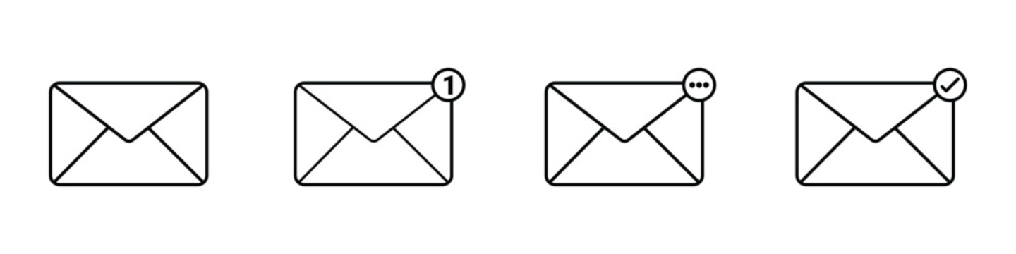 Set of envelope icons with notification badges, including number, ellipsis, and checkmark symbols