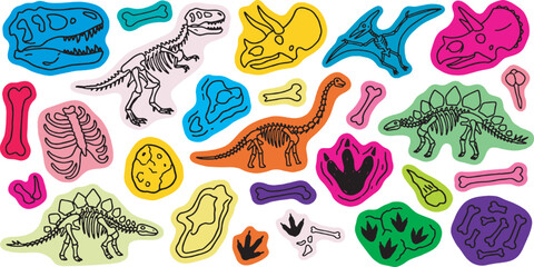 Collection of colorful dinosaur illustrations and skeletons, perfect for educational purposes. © Riki