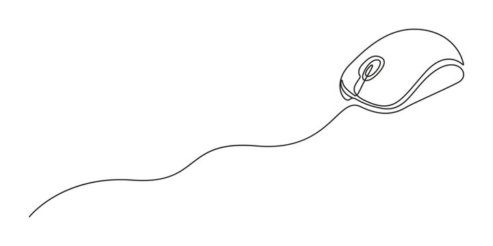 Computer mouse continuous line drawing minimalist vector art for technology design. Minimalist continuous line art drawing of a computer mouse, ideal for tech logos and UI design.