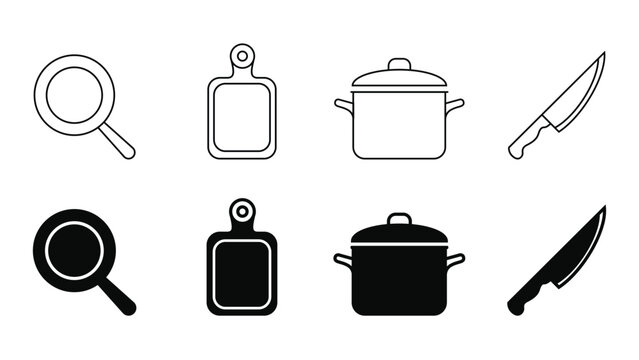 Set of kitchen utensils icons, frying pan, cutting board, cooking pot and knife