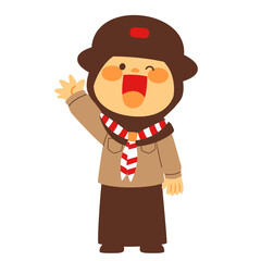 Fototapeta premium Happy elementary school scout girl laughing cheerfully while standing in complete uniform.