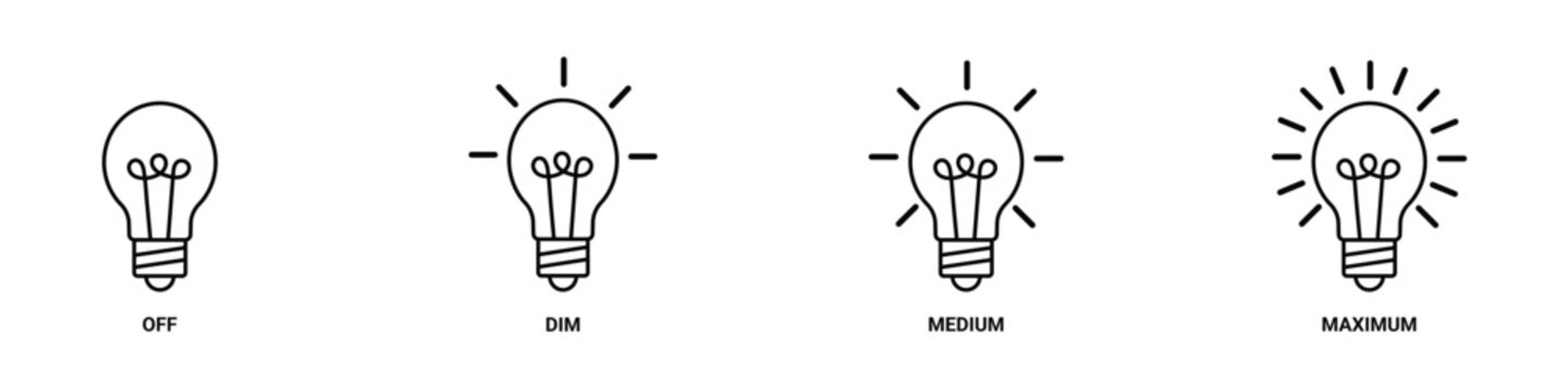 Set of light bulb icons showing different brightness levels from off to maximum intensity