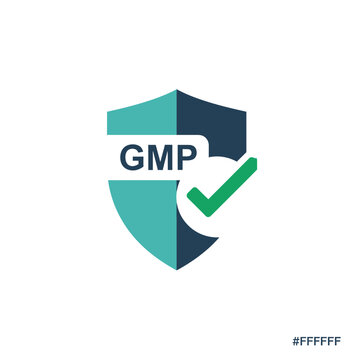 Modern shield logo with checkmark and gmp text for quality assurance with professionalism certification regulatory regulatory compliance clean