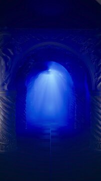 Electric Blue VJ Loop of Dark Ancient Temple Hallway with Glowing Light Rays