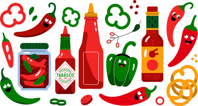 Spicy food and vegetables vector set with cute cartoon chili peppers, hot sauce, and bell peppers