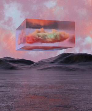Nebula in Glass Cube Floating Over Alien Desert