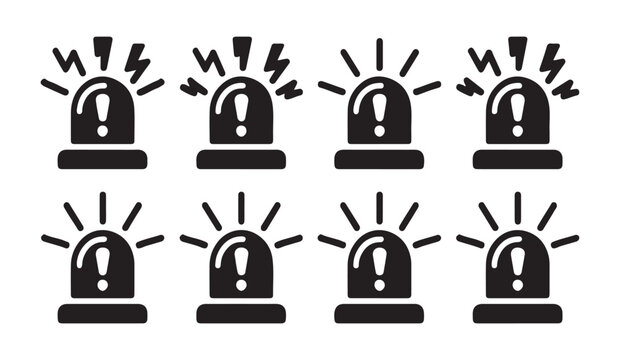 Flashing police siren icon set black color, emergency alert light with exclamation mark symbols.