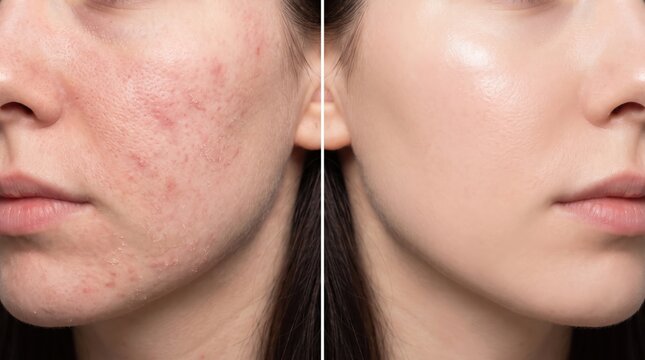A detailed before and after split comparison of a woman's face showing redness and acne skin healed into smooth clear skin.