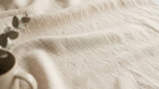 A beige linen fabric drapes softly over a dark surface. A small, white ceramic mug sits partially visible on the fabric, and a few eucalyptus leaves rest on top.