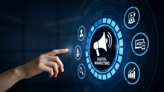 Digital Marketing Strategy and Online Advertising Concept with Interactive Holographic Marketing Interface