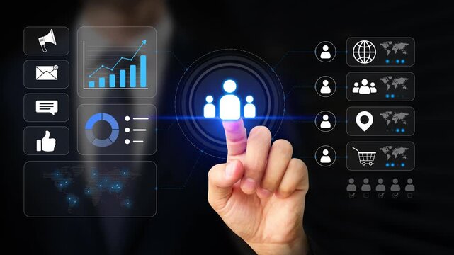 Audience Targeting, Conversion Tracking, CRM System. Customer Segmentation and Insights, Partner Profiling, Digital Marketing. Businessman Interacting with Customer Data Analytics Dashboard. 4K Video