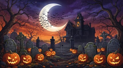 Fototapeta premium Haunted mansion under big crescent moon with halloween pumpkins and spooky graveyard ground digital artwork
