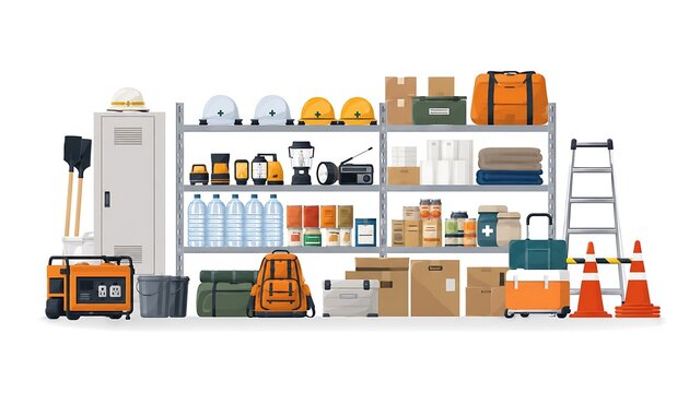 災害用備蓄品を整理した自治体の防災倉庫と防災用品のイラスト