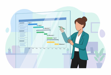 Obraz premium Professional Woman Managing Project Timeline with Gantt Chart