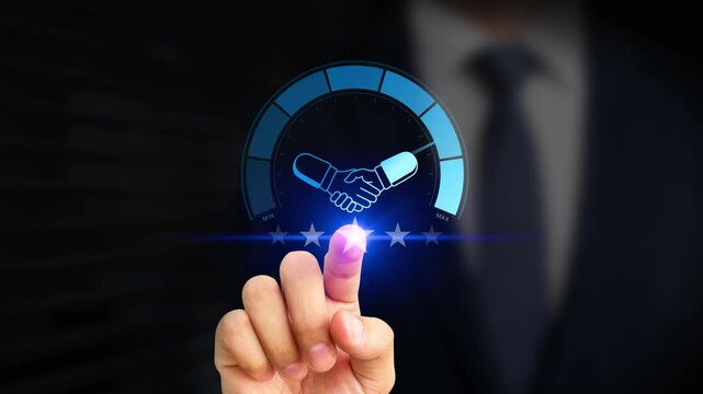 Excellent Business or Corporate Relationships Concept. Businessman Touching Rating with Confidence Meter and Handshake Icon. Partnership Trust, Collaboration Strategy, Commitment and Mutual Success