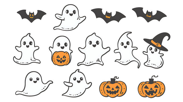 Isolated cute hand drawn Halloween ghost and pumpkin vector sticker pack on white for kids party digital scrapbooking and festive UI assets