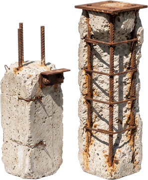 Two damaged reinforced concrete pillars with rusty metal rebar reinforcement and steel plates stand upright showing structural decay weathered texture and construction remnants