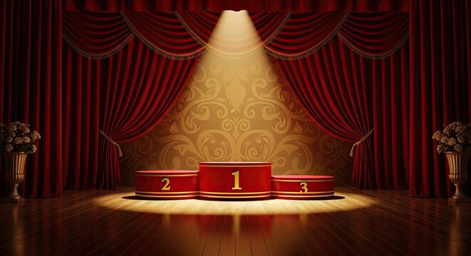 A dramatic stage scene features a red velvet curtain backdrop adorned with a swirling, ornate pattern. Three podiums are arranged in a row, each numbered 1, 2, and 3.