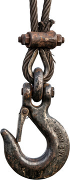 Heavy duty steel crane hook attached to a thick wire rope cable with a rusty metal shackle clamp and secured link chain showing industrial machinery parts up close steel cable