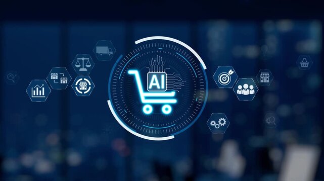 A robotic arm interacts with a high-tech shopping cart interface in a futuristic retail environment, showcasing the integration of artificial intelligence in e-commerce. Synapse