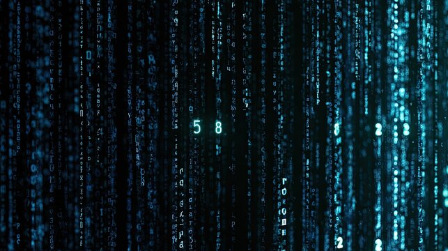 Cascading blue digital characters fall like rain against a dark background