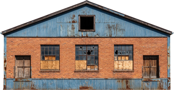 Front view of an old industrial warehouse featuring weathered red brick walls blue corrugated metal roofing broken glass windows wooden doors and rusty structural steel framing
