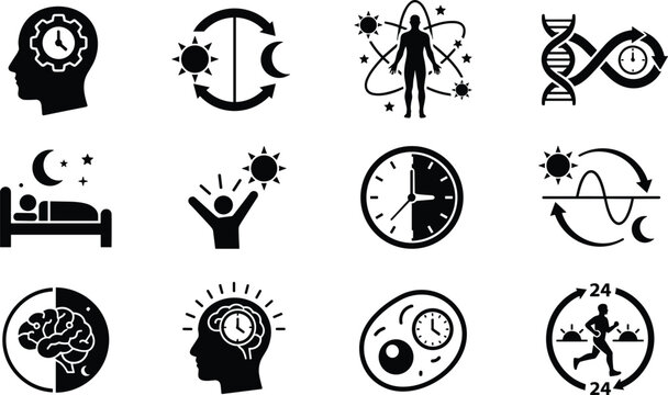 Circadian rhythm and biological clock vector icon set featuring human sleep cycle dna helix brain waves sun moon and time gears