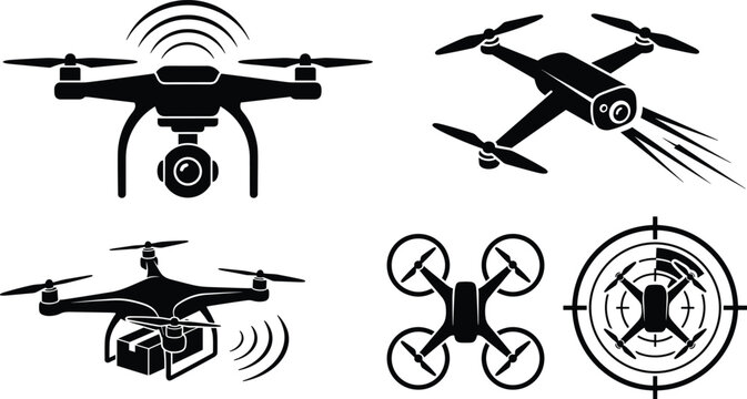 Drone quadcopter technology vector icon set featuring aerial photography camera package delivery tracking radar and fast speed flight elements