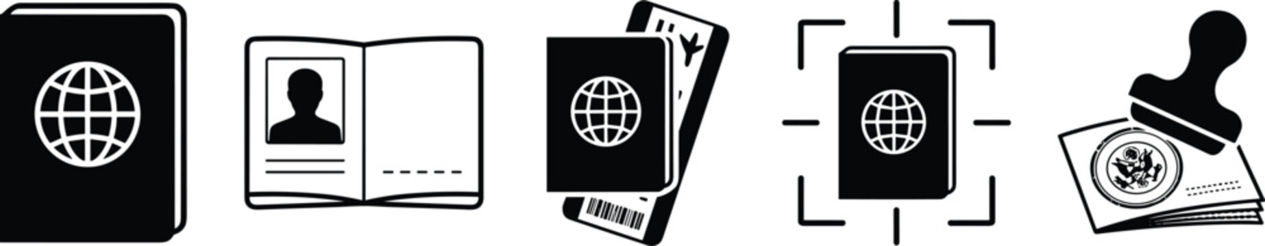 International travel passport and immigration black vector icon set with boarding pass visa document control and rubber stamp symbols