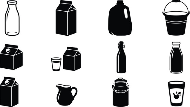 Dairy milk product packaging black vector icon set featuring carton box glass bottle jug bucket canister and pouring glass symbols