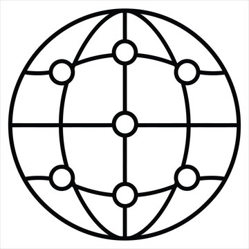 Global network sphere icon with line art node connections for international internet data communications technology.