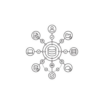 Education Data Management Network Line Icon for Student Information Systems, Academic Records Administration and Learning Analytics