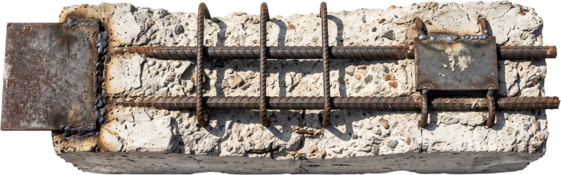 Heavy reinforced concrete block with exposed steel rebar structure welded metal plates and construction components showcasing structural integrity and engineering details