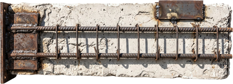 Reinforced concrete block with embedded rebar grid framework welded steel plates and rusty metal components attached horizontally showing industrial construction material