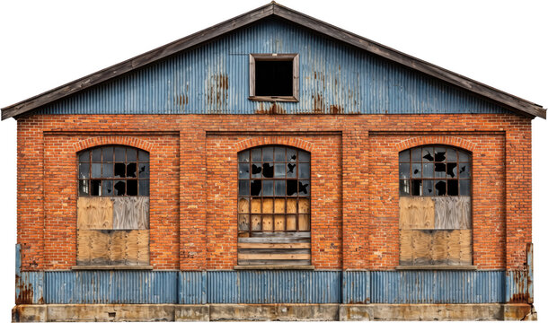 Facade of an old industrial red brick warehouse building featuring weathered blue corrugated metal siding rusty steel trim broken glass window panes and boarded up lower window sections