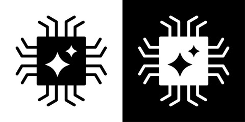 Fototapeta premium Smart chip icon with sparkle symbol and pin connectors, for generative AI processing, chip innovation, and advanced computing apps