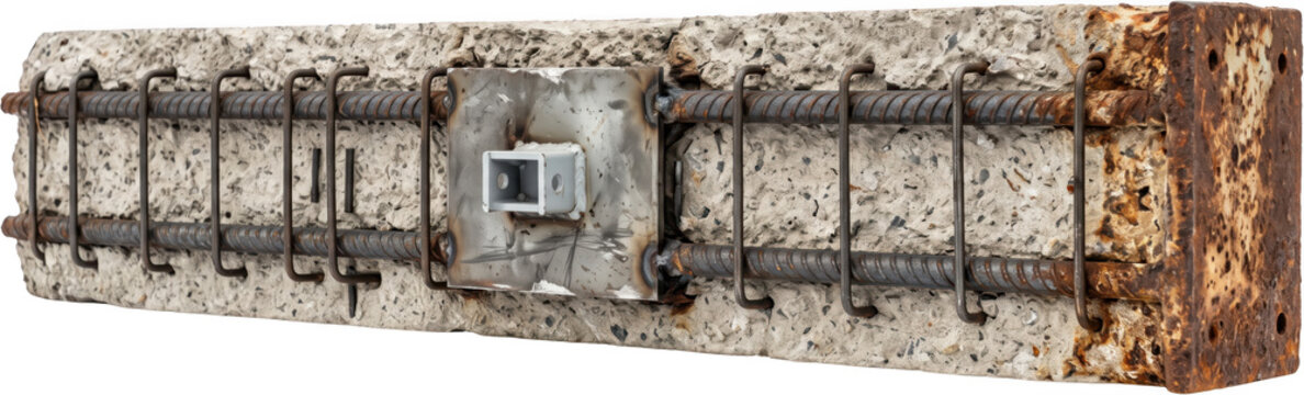 Detailed view of a heavy reinforced concrete beam with exposed rusty rebar cages steel plates and structural connectors used in building construction and heavy civil engineering