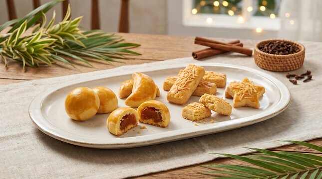 Assorted Traditional Indonesian Eid Cookies Nastar and Kastengel on a Plate with Spices and Leaves