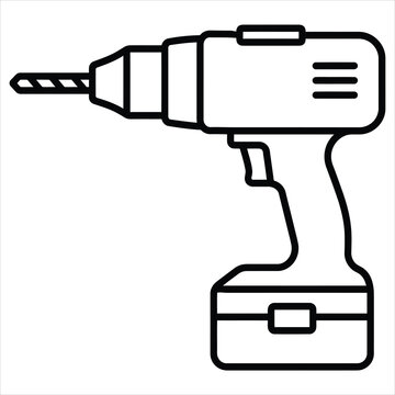 Power drill machine icon black thin line vector illustration representing construction hardware and repair tools.