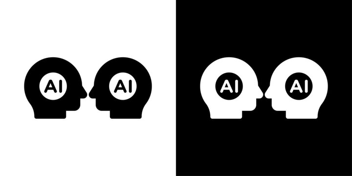 AI face to face icon with two head profiles, for AI collaboration, human machine interaction, and communication technology apps